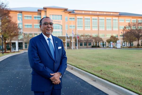 Carlyle Walton, CEO of the Phoebe Sumter Medical Center, poses for a photograph in front of the hospital in Americus, Georgia, on Monday, Nov. 27, 2023. (Miguel Martinez/AJC)