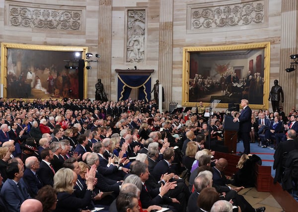 President Donald Trump speaks at his inauguration ceremony in the Capitol Rotunda in Washington on Monday.