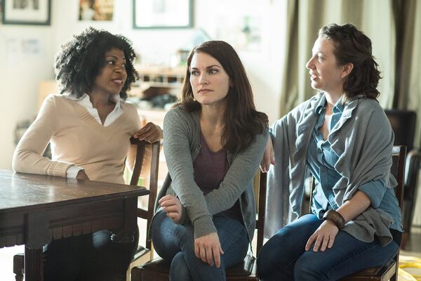 In Synchronicity Theatre’s production of “Ripe Frenzy,” actresses Danye Evonne (from left), Taylor Dooley and Megan Cramer portray three moms and lifelong friends in the small fictional town of Tavistown, N.Y., where a school shooting occurs. CONTRIBUTED BY JERRY SIEGEL