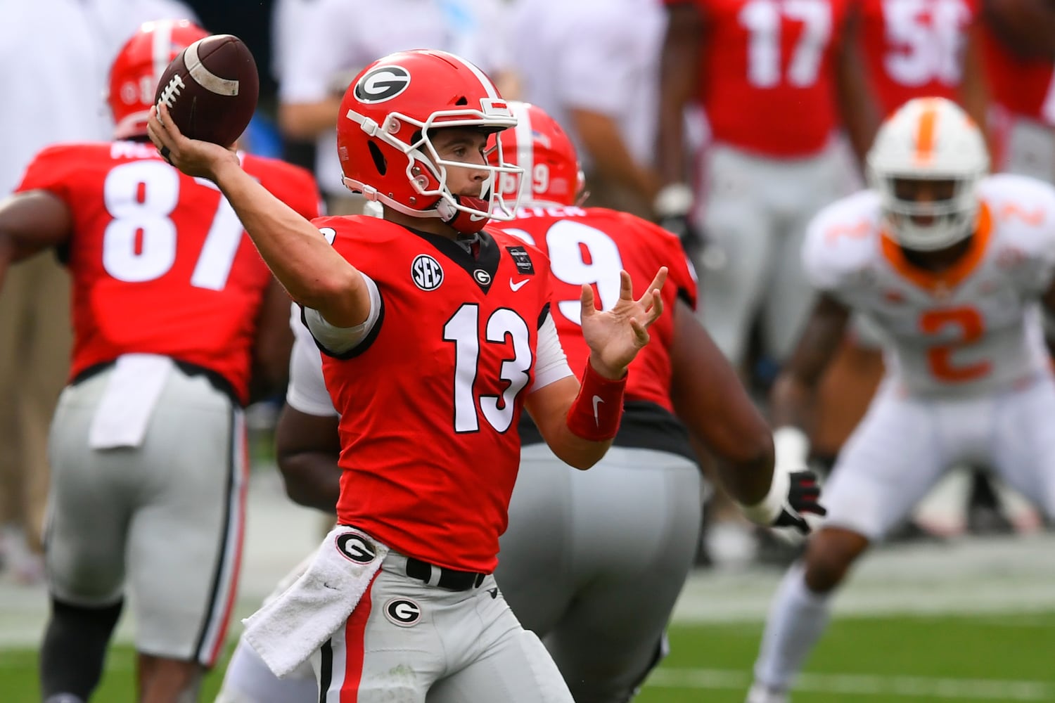 Georgia quarterback Stetson Bennett  passes against Tennessee during the first half of a football game Saturday, Oct. 10, 2020, at Sanford Stadium in Athens. JOHN AMIS FOR THE ATLANTA JOURNAL- CONSTITUTION