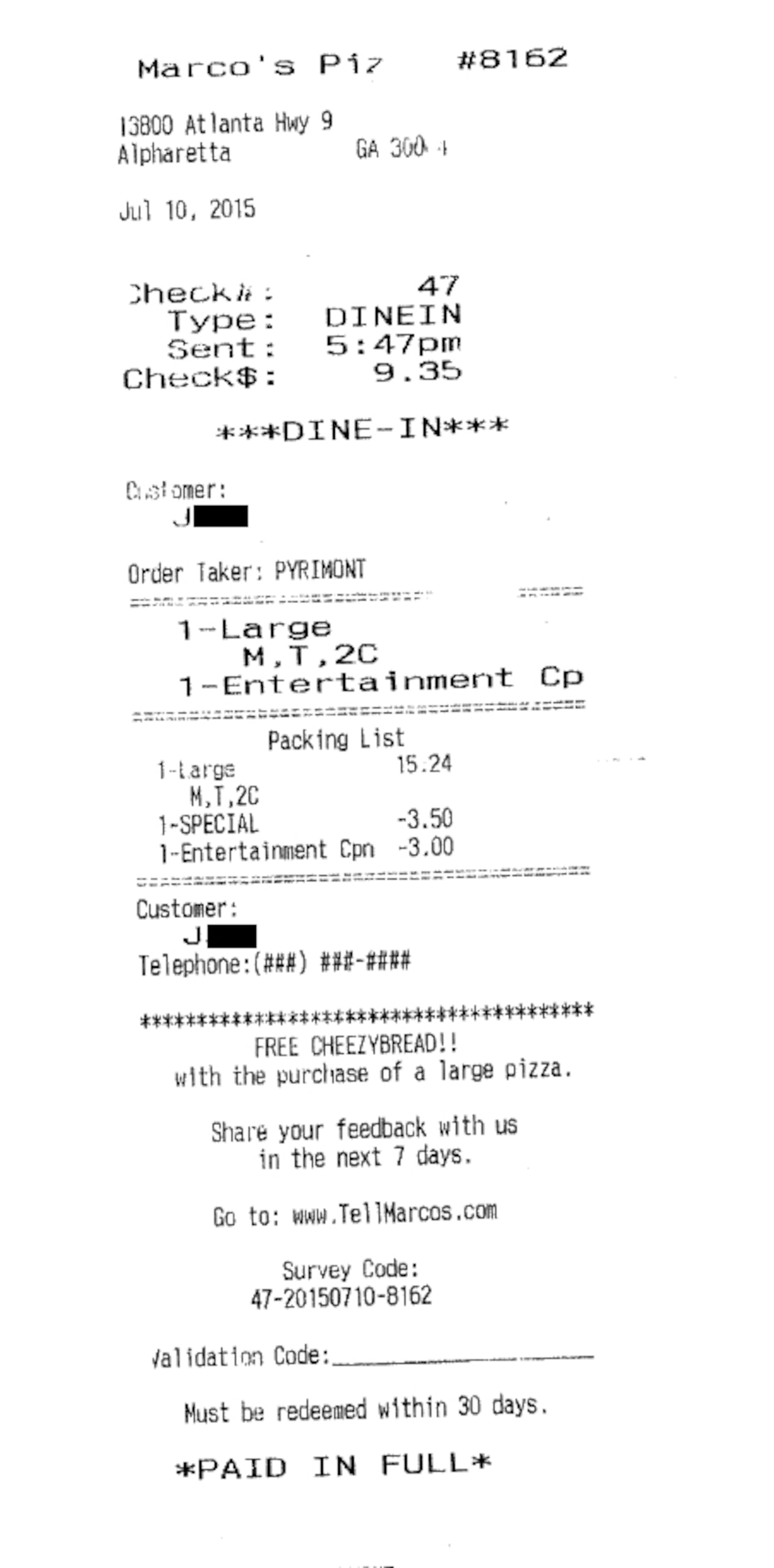 A copy of the receipt allegedly showing the derogatory term, provided by the customer’s attorney, Michael R. Braun. (The AJC has redacted the term.)