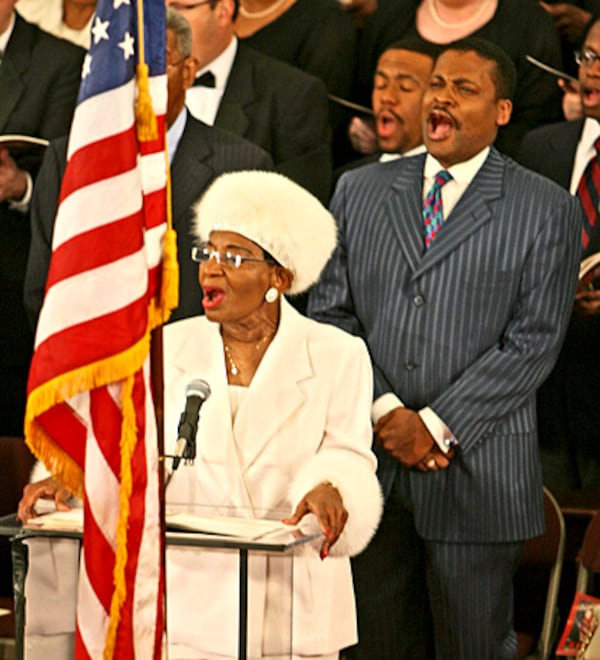 January 2007: Christine King Farris and her son, Isaac Farris Jr., during the annual Martin Luther King Jr. Commemorative Service at Ebenezer Baptist Church in Atlanta.