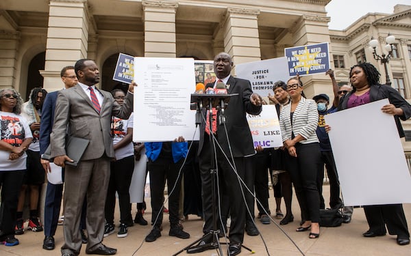 Ben Crump, civil rights attorney, speaks at a press conference addressing the results of an independent autopsy determining the cause of death for Lashawn Thompson on Monday, May 22, 2023, at the State Capitol in Atlanta. Thompson’s family and legal team released the results of an autopsy that determined that his death in the psychiatric wing of the Fulton County Jail resulted from neglect. Christina Matacotta for The Atlanta Journal-Constitution. 