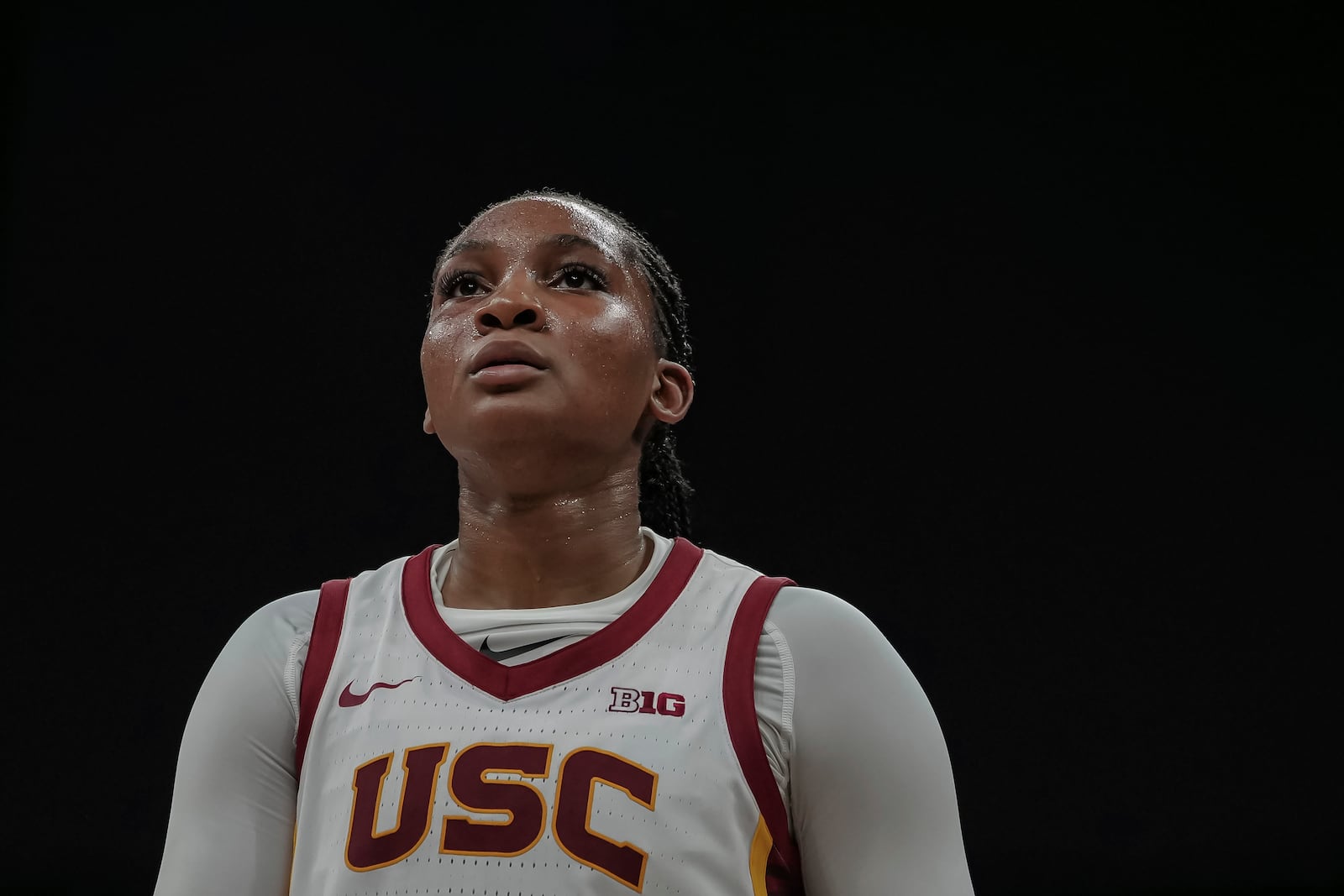 USC Trojans's forward Kiki Iriafen during the basketball match between the University of Southern California (USC) and Ole Miss, Monday, Nov. 4, 2024 in Paris, France. (AP Photo/Aurelien Morissard)