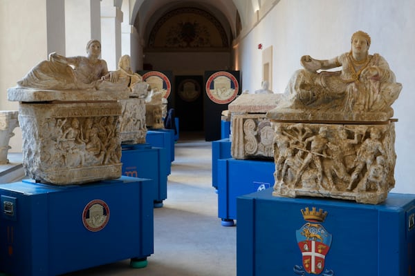 Archaeological finds from the Etruscan era and recovered in a police operation are shown during a press conference in Rome, Tuesday, Nov. 19, 2024. (AP Photo/Gregorio Borgia)