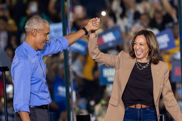 Former president Barack Obama campaigns with Vice President Kamala Harris in Clarkston on Thursday.