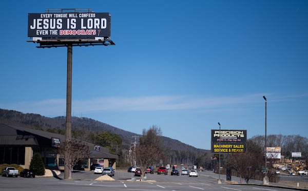 210129-Dalton-A religious billboard speaks to the religious and political base in Dalton on Friday morning, January 29, 2021. Ben Gray for the Atlanta Journal-Constitution