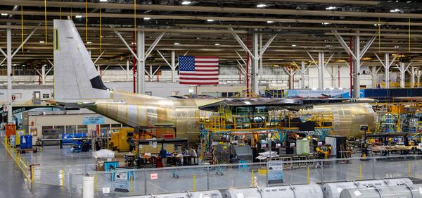 The Lockheed Martin C-130J production facility in Marietta on Tuesday, Oct 22, 2024, where the Super Hercules aircraft is built and outfitted for use as ‘flying laboratories.’ (Jenni Girtman for Atlanta Journal-Constitution)