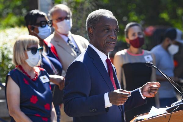 DeKalb County CEO Michael Thurmond speks about last night’s removal of an obelisk Confederate monument on the courthouse square, as a press conference occurs in reference to it on Friday June 19, 2020, in Decatur. DeKalb Superior Court Judge Clarence Seeliger declared the monument that was erected in 1908 by the United Daughters of the Confederacy, to be a public nuisance that should be removed. JOHN AMIS FOR THE ATLANTA JOURNAL-CONSTITUTION