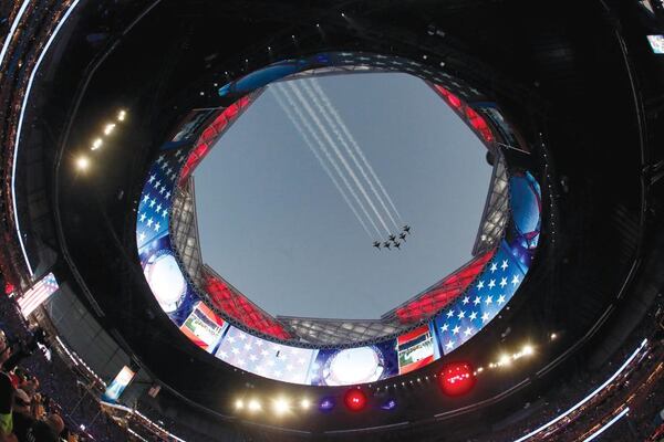 2/3/19 - Atlanta - Military jets flyover before the New England Patriots play the Los Angeles Rams in Super Bowl LIII on Sunday, Feb. 3, 2019 at Mercedes-Benz Stadium in Atlanta, Ga.   Bob Andres / bandres@ajc.com