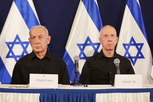 FILE - Israeli Prime Minister Benjamin Netanyahu, left, and Defense Minister Yoav Gallant attend a press conference in the Kirya military base in Tel Aviv, Israel, Saturday, Oct. 28, 2023. (Abir Sultan/Pool Photo via AP, File)