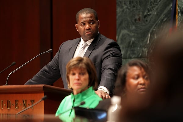 Atlanta City Council President Ceasar C. Mitchell takes questions from council members then calls for a vote to go into executive session during a special session to discuss airport concessions in the Council Chambers at City Hall on Monday, April 30, 2012.