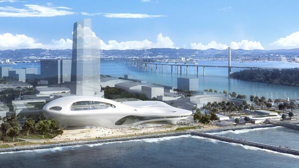 This concept design provided by the Lucas Museum of Narrative Art shows a rendering of their proposed museum on Treasure Island in San Francisco. In January George Lucas, the legendary filmmaker, is expected to decide whether he will put a museum for his extensive personal art collection in San Francisco or Los Angeles, after other attempts were upended by community opposition. (Lucas Museum of Narrative Art via AP)