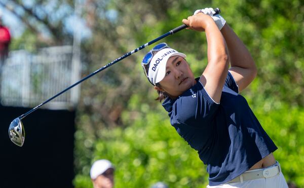 Hadrian Ryu tees off on the first hole during the first round of the CME Group Tour Championship LPGA Tour golf tournament Thursday, Nov. 21, 2024, in Naples, Fla. (AP Photo/Chris Tilley)