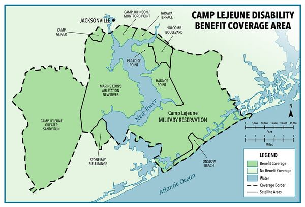 Camp Lejeune today occupies more than 150,000 acres and 11 miles of North Carolina coastline. This map shows the areas of the base covered under the VA’s benefits program for contaminated veterans. U.S. VETERANS AFFAIRS