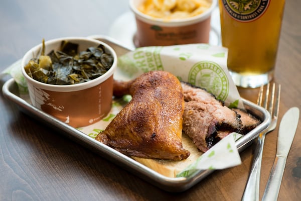  Fox Bros. Combo chicken and beef brisket plate with side of collard greens and mac and cheese. Photo credit- Mia Yakel.