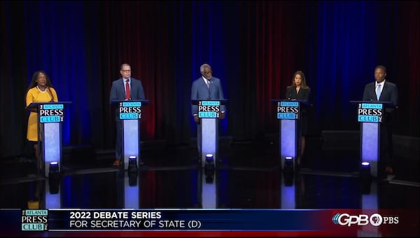 Five Democrats running for Georgia secretary of state participated in a debate by the Atlanta Press Club on Monday, May 2, 2022. From left: Dee Dawkins-Haigler, John Eaves, Floyd Griffin, Bee Nguyen and Michael Owens.