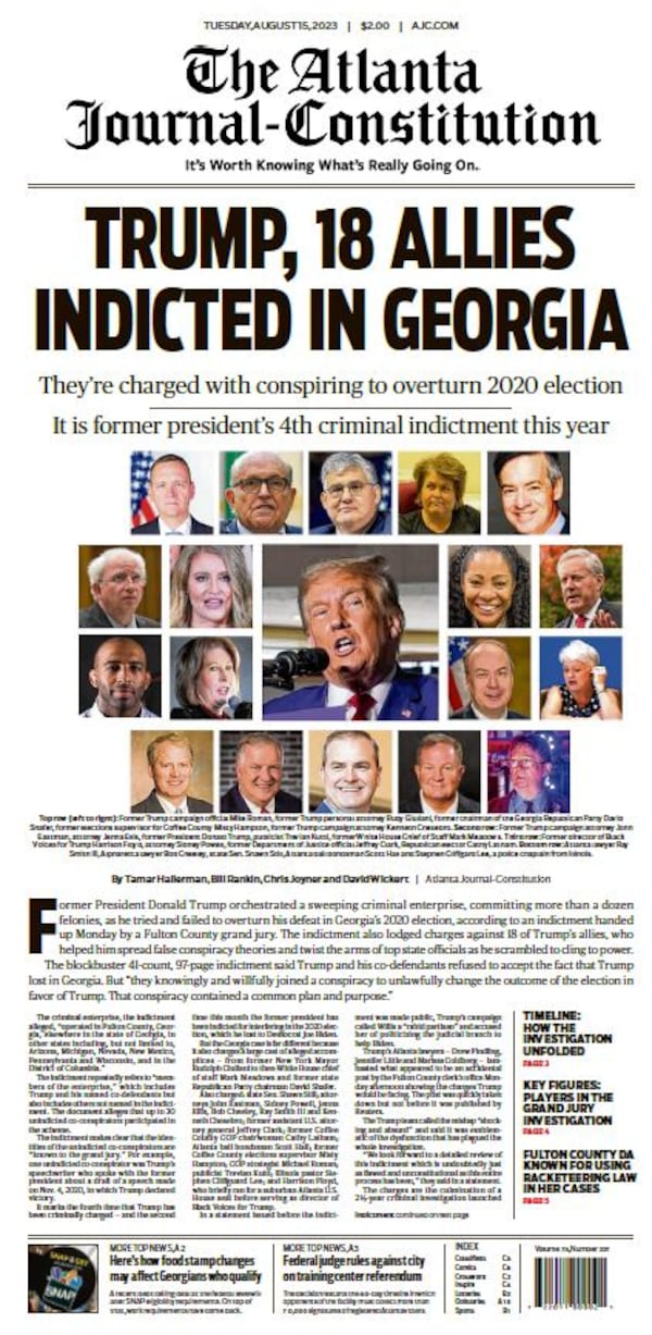 The front page of The Atlanta Journal-Constitution on August 15, 2023, featured a collage of all 19 defendants facing racketeering and other charges in Fulton County including former President Donald Trump.