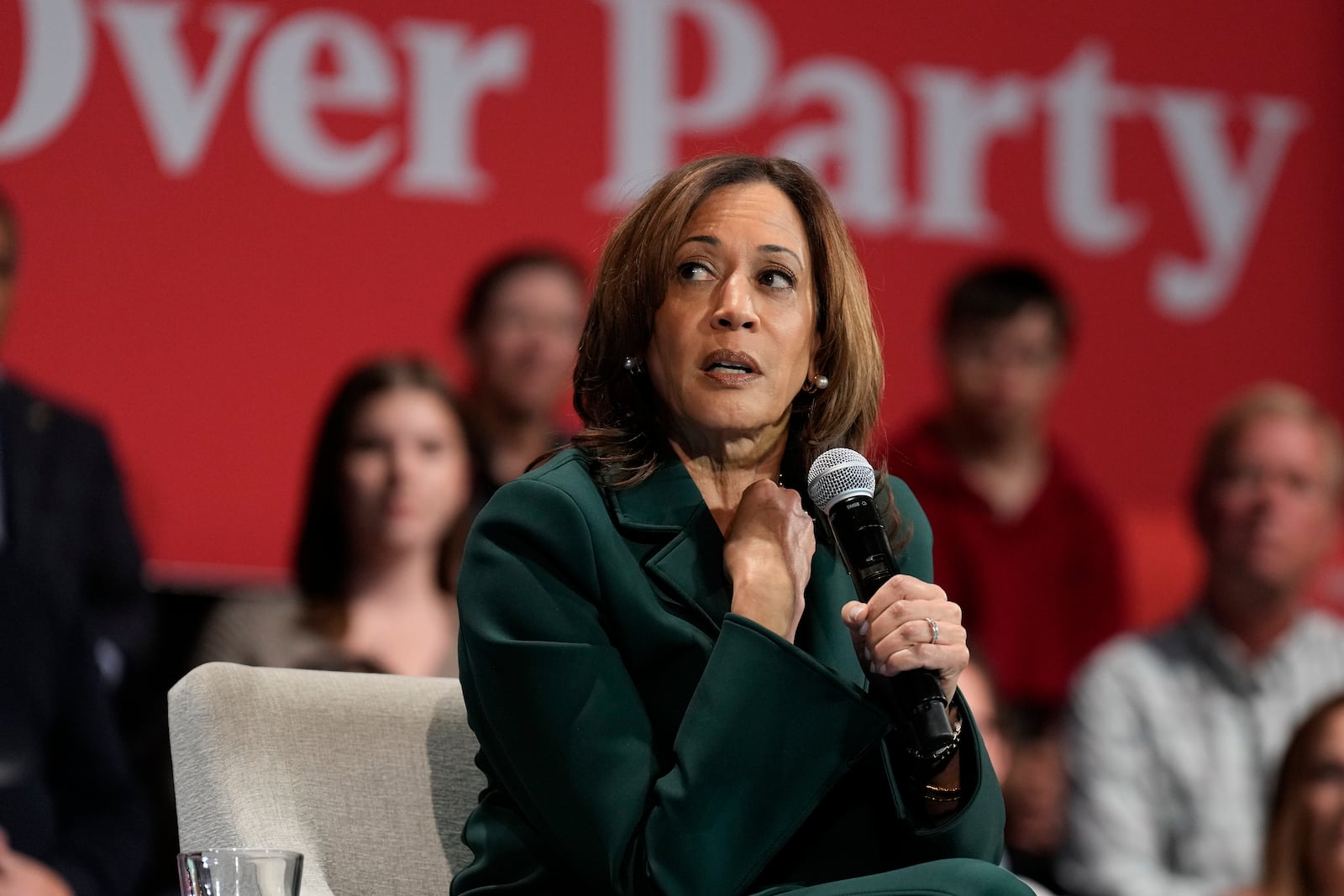 Democratic presidential nominee Vice President Kamala Harris speaks during a town hall at Sharon Lynne Wilson Center for the Arts in Brookfield, Wisc., Monday, Oct. 21, 2024. (AP Photo/Jacquelyn Martin)