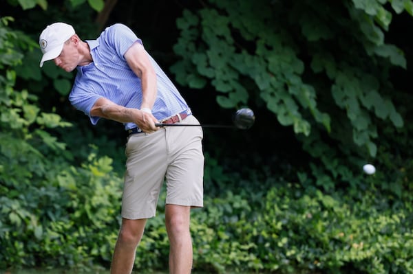 Georgia Tech golfer Bartley Forrester, who finished third, hits from the fifth tee during the final round of the Dogwood Invitational on Saturday in Atlanta. (Bob Andres for The Atlanta Journal-Constitution)