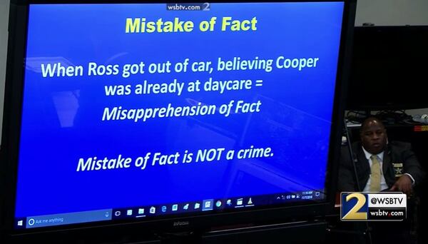 Defense attorney Maddox Kilgore explains to the jury that if his client Justin Ross Harris forgot that Cooper was in his SUV, it would be a mistake of fact, during Kilgore's closing argument in Harris' murder trial at the Glynn County Courthouse in Brunswick, Ga., on Monday, Nov. 7, 2016. (screen capture via WSB-TV)