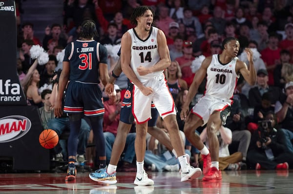 Georgia forward Asa Newell got fired up during last weekend's game against Auburn.