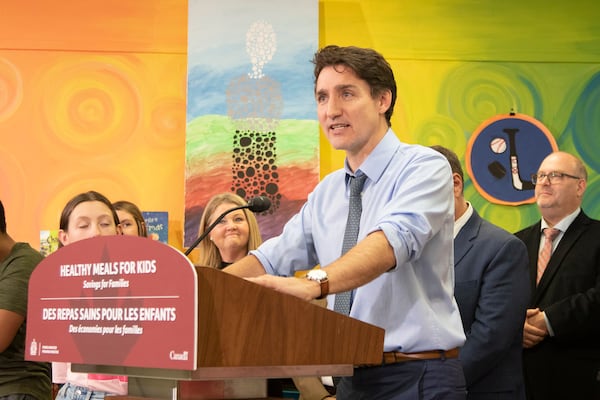 Canada Prime Minister Justin Trudeau speaks at an event where it was announced that Prince Edward Island has signed on to the Federal School food program, in Mount Stewart, Prince Edward Island, Canada, Friday, Nov. 29, 2024. (Ron Ward/The Canadian Press via AP)