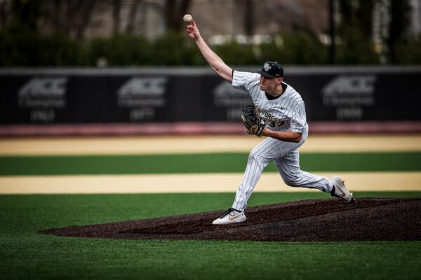 Pitcher Ryan Cusick on the mound for Wake Forest in a February 27, 2021, game in Winston-Salem, N.C. (Photo courtesy of Wake Forest Athletics)