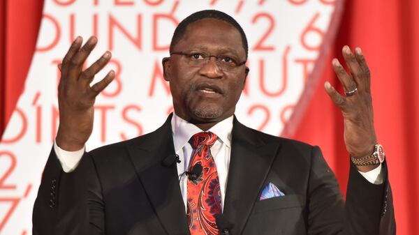 Dominique Wilkins speaks after his statue was unveiled at Philips Arena on Thursday, March 5, 2015.