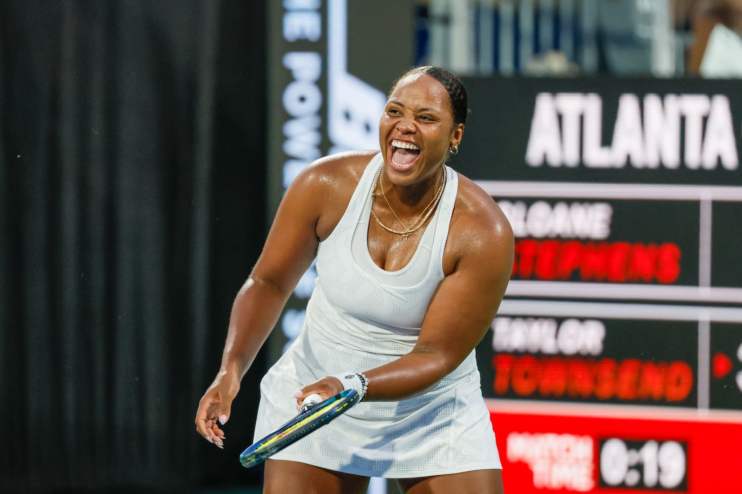 Taylor Townsend reacts after a point against Sloane Stephens during an exhibition match in the  Atlanta Open at Atlantic Station on Sunday, July 21, 2024, in Atlanta,
(Miguel Martinez / AJC)