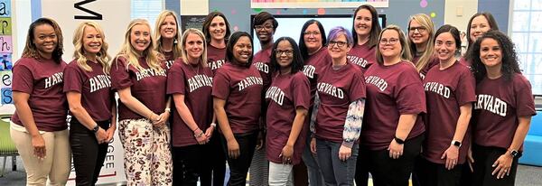 These 18 Muscogee County School District teachers are the 2023 Harvard Fellows, selected by the Muscogee Educational Excellence Foundation for an all-expenses-paid trip to Harvard University, where they will attend professional development classes for a week this summer. The foundation announced this year’s Harvard Fellows during a news conference March 22, 2023, in the Wynnton Arts Academy library. (Photo Courtesy of Mark Rice/Ledger-Enquirer)