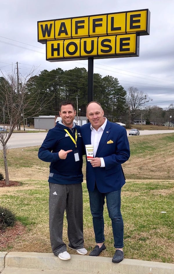 Georgia Tech coach Geoff Collins (right) with Troup County High coach Tanner Glisson at a Waffle House near the Troup County campus on January 22, 2019. (Courtesy Tanner Glisson)