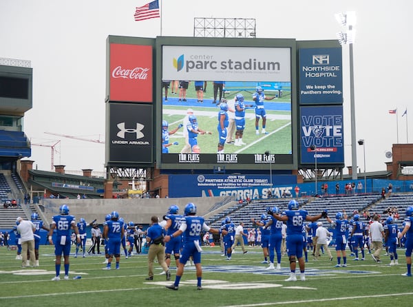 The Georgia State Panthers warm up prior to their Saturday,  Sept. 19, 2020, game against Louisiana at Georgia State's Center Parc Stadium in Atlanta. (Daniel Varnado / For the AJC)