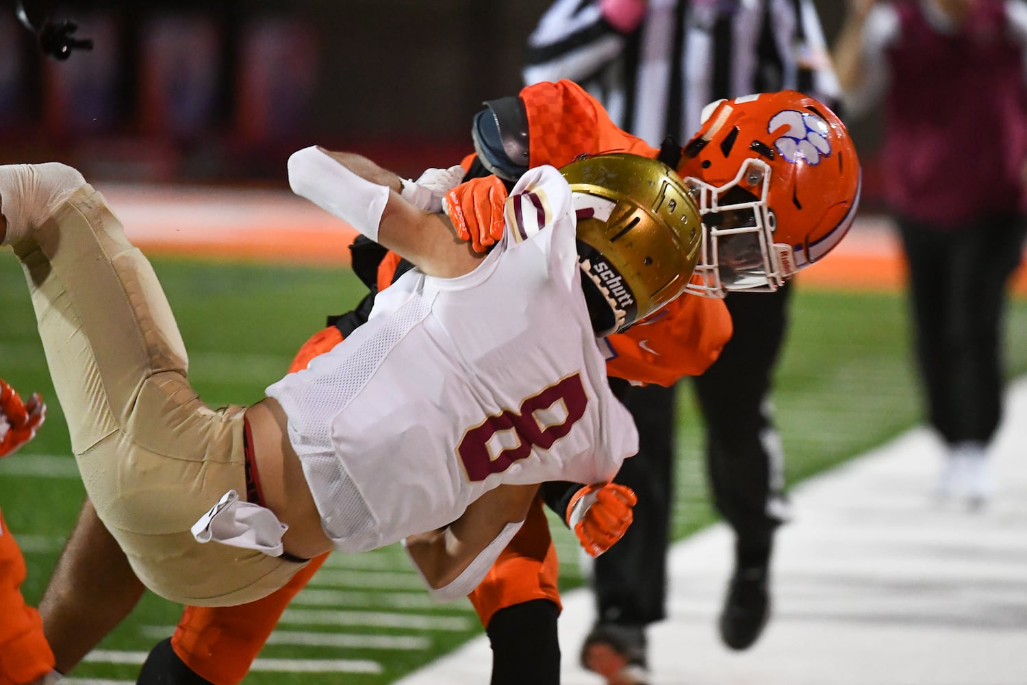 Antonio White, wide receiver for Parkview, tackles Bryce Dopson at the Parkview vs. Brookwood High School Football game on Friday, Oct. 28, 2022, at Parkview High School in Lilburn, Georgia. (Jamie Spaar for the Atlanta Journal Constitution)