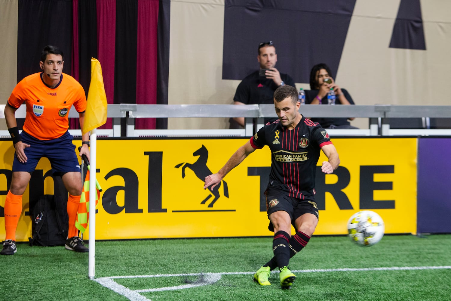 Brooks Lennon, defender for Atlanta United, kicks a corner kick. CHRISTINA MATACOTTA FOR THE ATLANTA JOURNAL-CONSTITUTION.