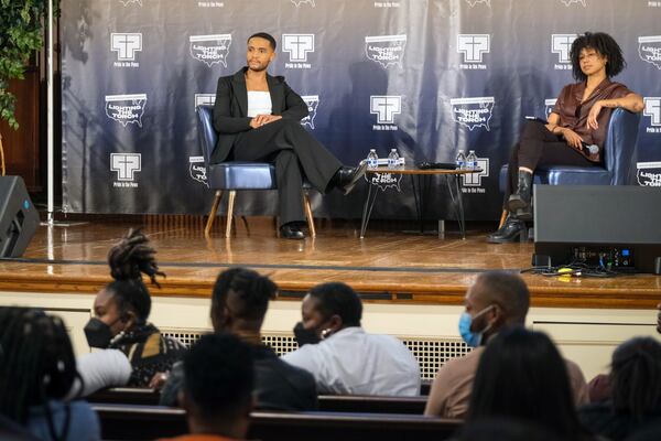 Actor Nicolas Ashe (left) and filmmaker Ciarra Jones lead a conversation about film and the power of pride in cinema at the Pride in the Pews 2024 Lighting the Torch, State of the Black Church Symposium in Sisters Chapel on February 2, 2024. (Ralph Basui Watkins for The Atlanta Journal-Constitution)