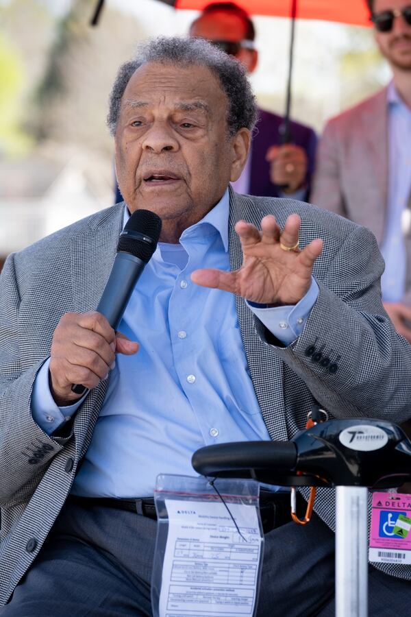 Ambassador Andrew Young gives remarks during the unveiling ceremony for a statue of the Rev. Martin Luther King Jr. in Rodney Cook Sr. Peace Park in Atlanta on Saturday, April 1, 2023.   (Ben Gray / Ben@BenGray.com)