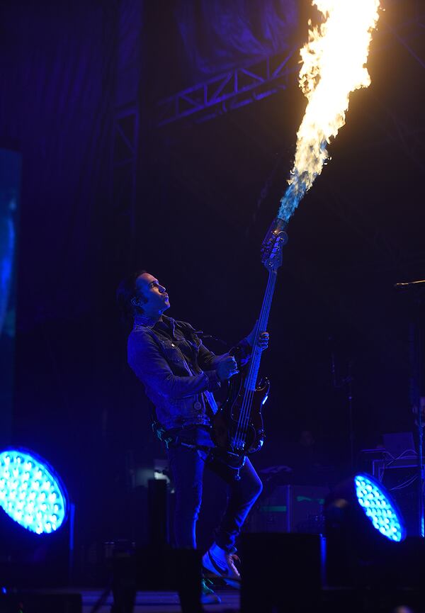 Atlanta  Pete Wentz, bassist for Fall Out Boy, turns his base into a flame thrower, while performing as one of the headline acts on day one of Music Midtown. The two-day festival includes Imagine Dragons, Kendrick Lamar, and Post Malone. RYON HORNE/RHORNE@AJC.COM