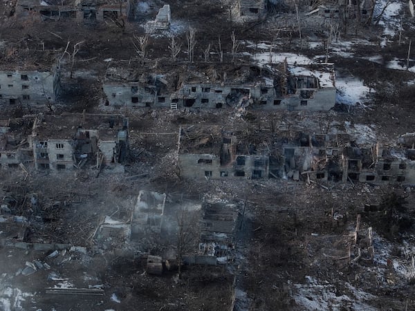 In this photo provided by Ukraine's 93rd Mechanized Brigade press service, an aerial view shows the partially occupied ruined town of Toretsk, the site of heavy battles with the Russian troops in the Donetsk region, Ukraine, Saturday, Feb. 22, 2025. (Iryna Rybakova/Ukraine's 93rd Mechanized Brigade via AP)