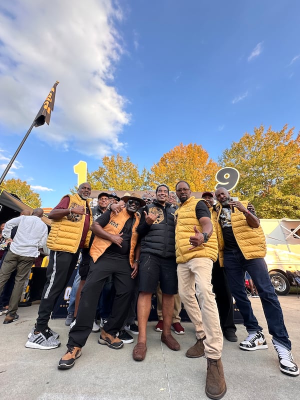 Brothers from the Gamma Beta Chapter of Alpha Phi Alpha gather at N.C. Central University's 2024 homecoming. (Ernie Suggs/AJC)