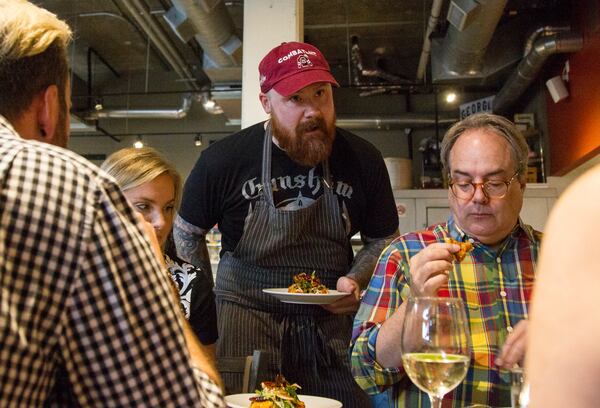 Kevin Gillespie serves a dish for the dinner crowd May 8, 2018 at Gunshow in Atlanta. Gillespie was recently diagnosed with renal cancer and will have to undergo treatment. (REANN HUBER/REANN.HUBER@AJC.COM)