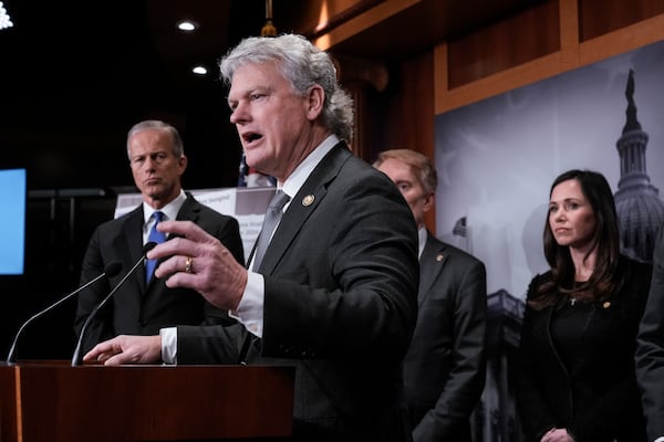 U.S. Rep. Mike Collins (center) of Georgia joined (from left to right) by U.S. Sens. John Thune of South Dakota, James Lankford of Oklahoma and Katie Britt of Alabama as he talks to reporters about the Laken Riley Act.