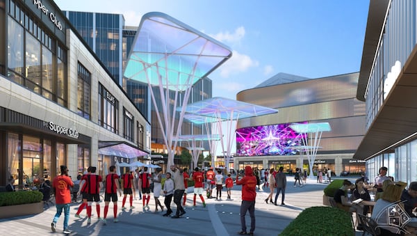 This is a rendering of the planned entertainment district that will make up the center of the Centennial Yards development in downtown Atlanta. The project was designed by Atlanta architecture firm Gensler.