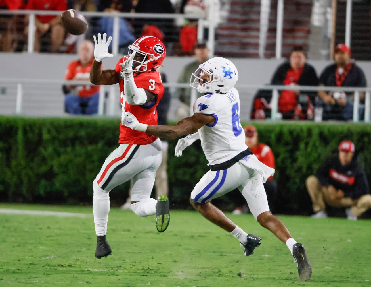 Georgia Bulldogs defensive back Kamari Lassiter (3) nearly intercepts a pass intended for  Kentucky Wildcats wide receiver Dane Key (6) during the first half.  (Bob Andres for the Atlanta Journal Constitution)