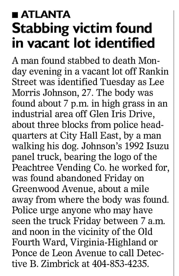 The AJC reported on the death of Lee Morris Johnson on April 25, 2001. Johnson's death remained a cold case for 16 years before an arrest was made.