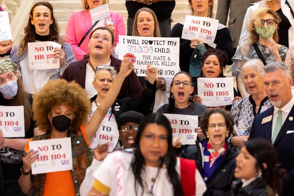 Advocates for transgender rights speak against several bills at the Capitol in Atlanta on Tuesday.