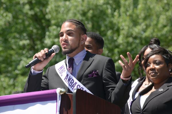 Morris Brown College SGA president Larazo Nightingale speaks in Atlanta on Thursday, April 28, 2022.  On Tuesday Morris Brown regained accreditation after losing it nearly 20 years ago. (Natrice Miller / natrice.miller@ajc.com)