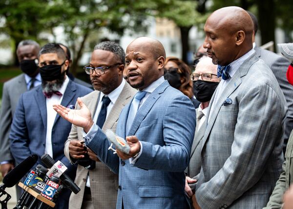   L. Chris Stewart, who represents the familie of Rayshard Brooks talks at a press conference called by nearly two dozen attorneys who are currently suing the city of Atlanta on behalf of victims of police brutality on the steps of City Hall Monday, October 26, 2020. STEVE SCHAEFER / SPECIAL TO THE AJC 