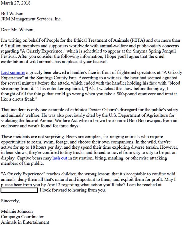 This is a letter PETA said it sent to the city of Smyrna's JRM Management liaison for the 2018 spring jonquil festival on March 27.