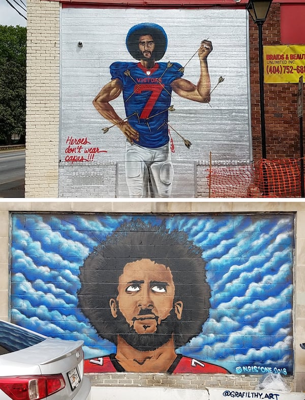 “Kaeperbowl” murals by Fabian Williams (top) and Nels Guzman.